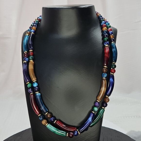 Vintage Lucite Double Strand  Macaroni Necklace - Marbled Jewel Tone - Picture 1 of 7